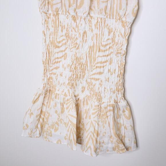 SABO LUXE Camari Linen Dress Smocked Patterned Ruffle Hem White Beige Women's L - Picture 10 of 13